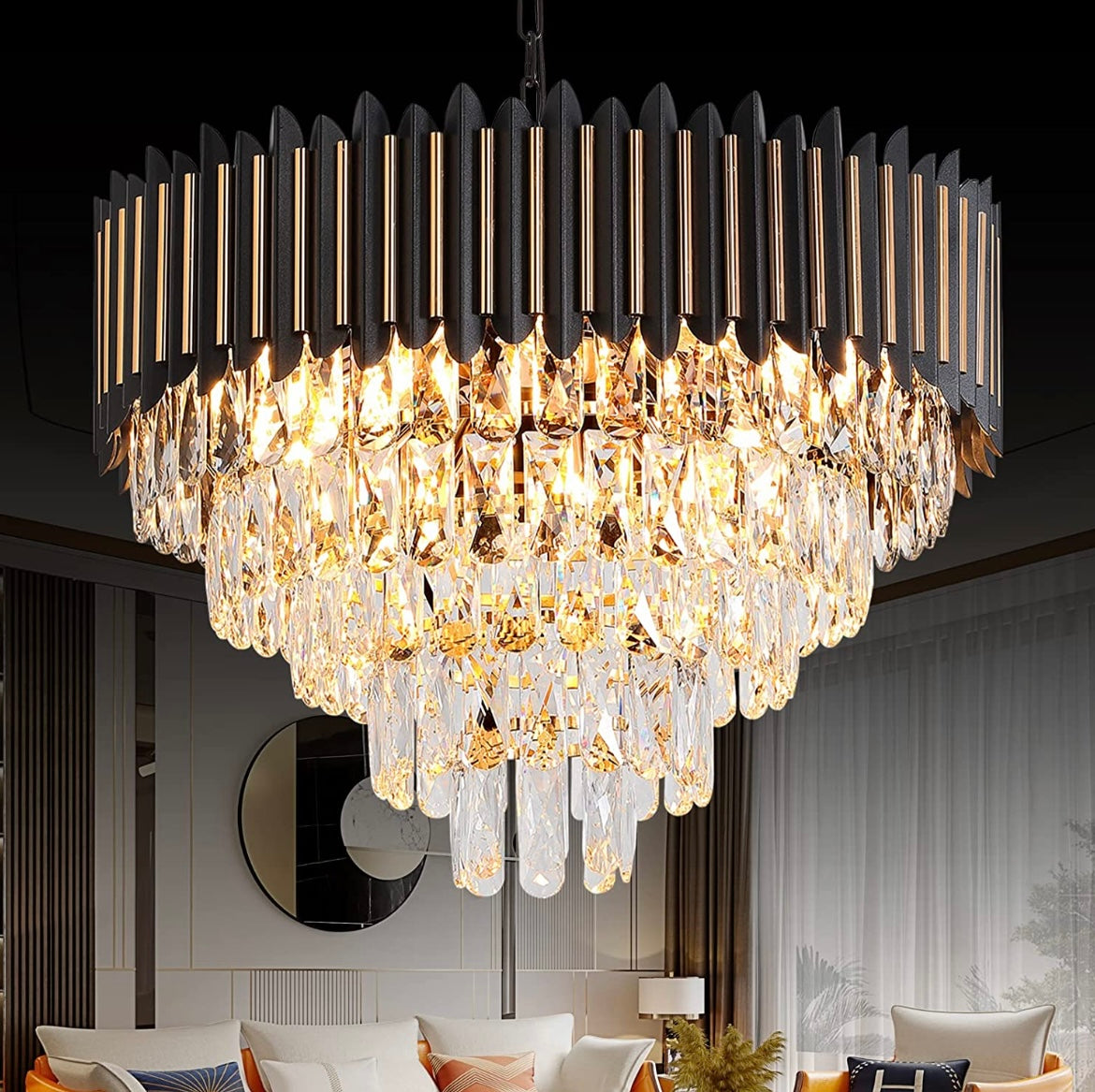 GISELLE — Black & Gold Tiered Crystal Chandelier